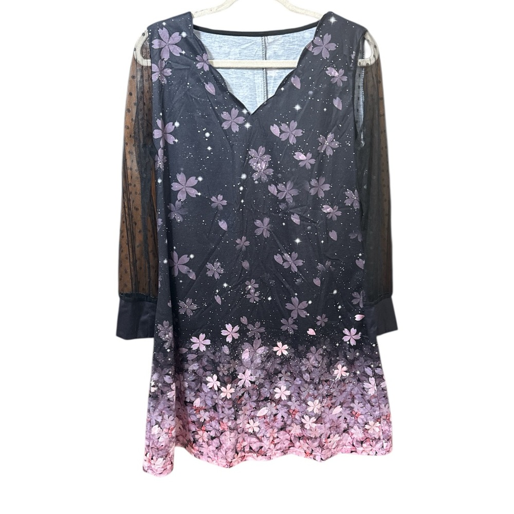 Floral Long Sleeve Dress - Black and Pink
